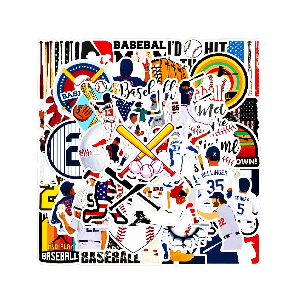 Baseball Stickers for Kids and Adults (50pcs) Waterproof Baseball Sticker Set - PVC Vinyl Baseball Helmet Stickers - Re-Stickable