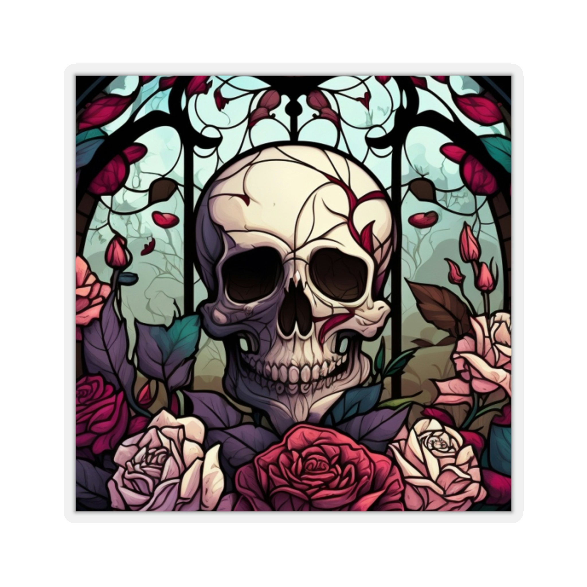Stained Glass Skull with Roses Sticker Square
