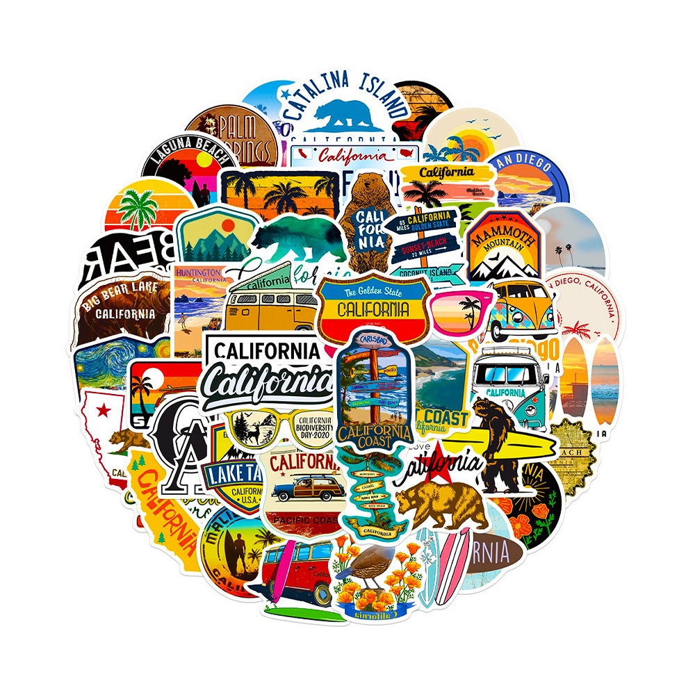 California Stickers - 50-Piece California Sticker Pack - Cool Yosemite, Los Angeles Decals - Water-Resistant, UV-Resistant - Travel Stickers