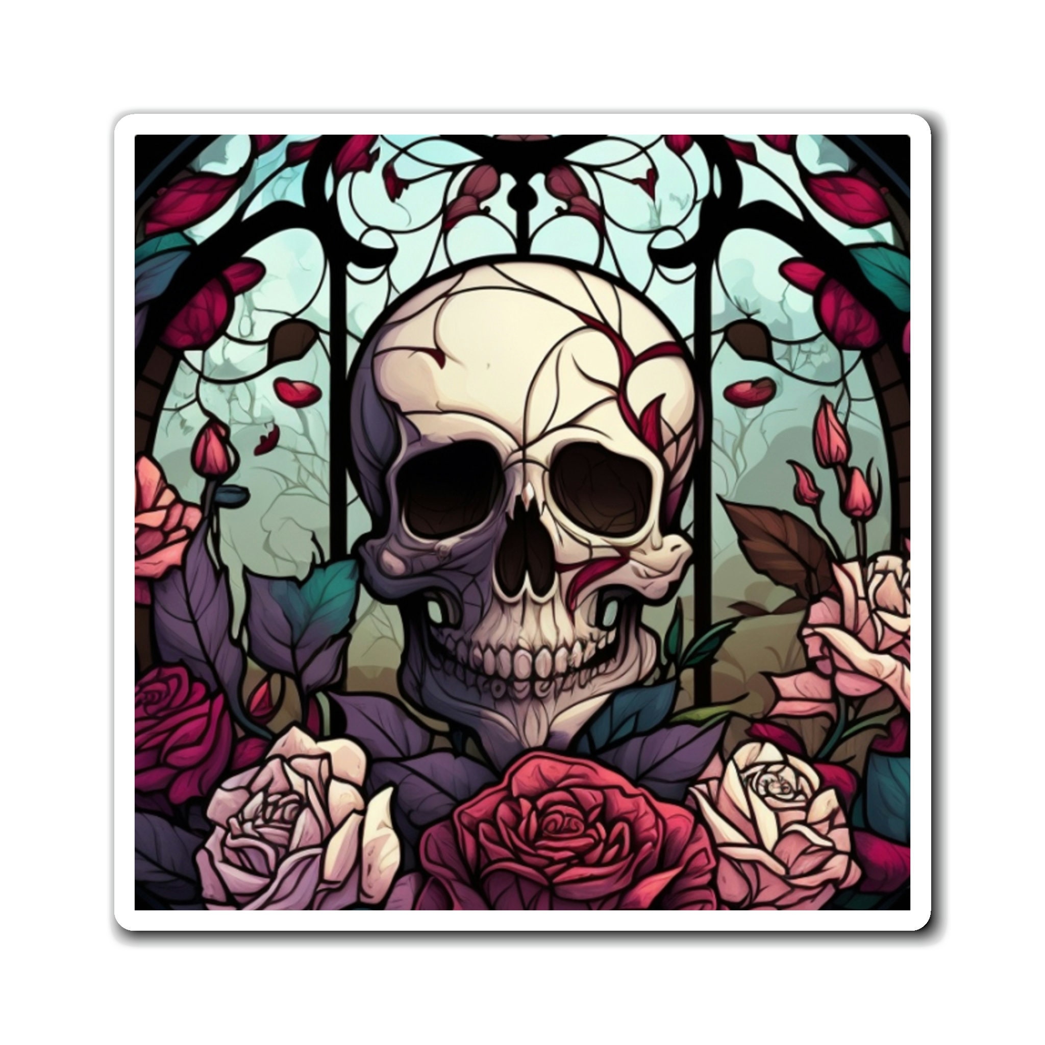 Stained Glass Skull with Roses Magnet