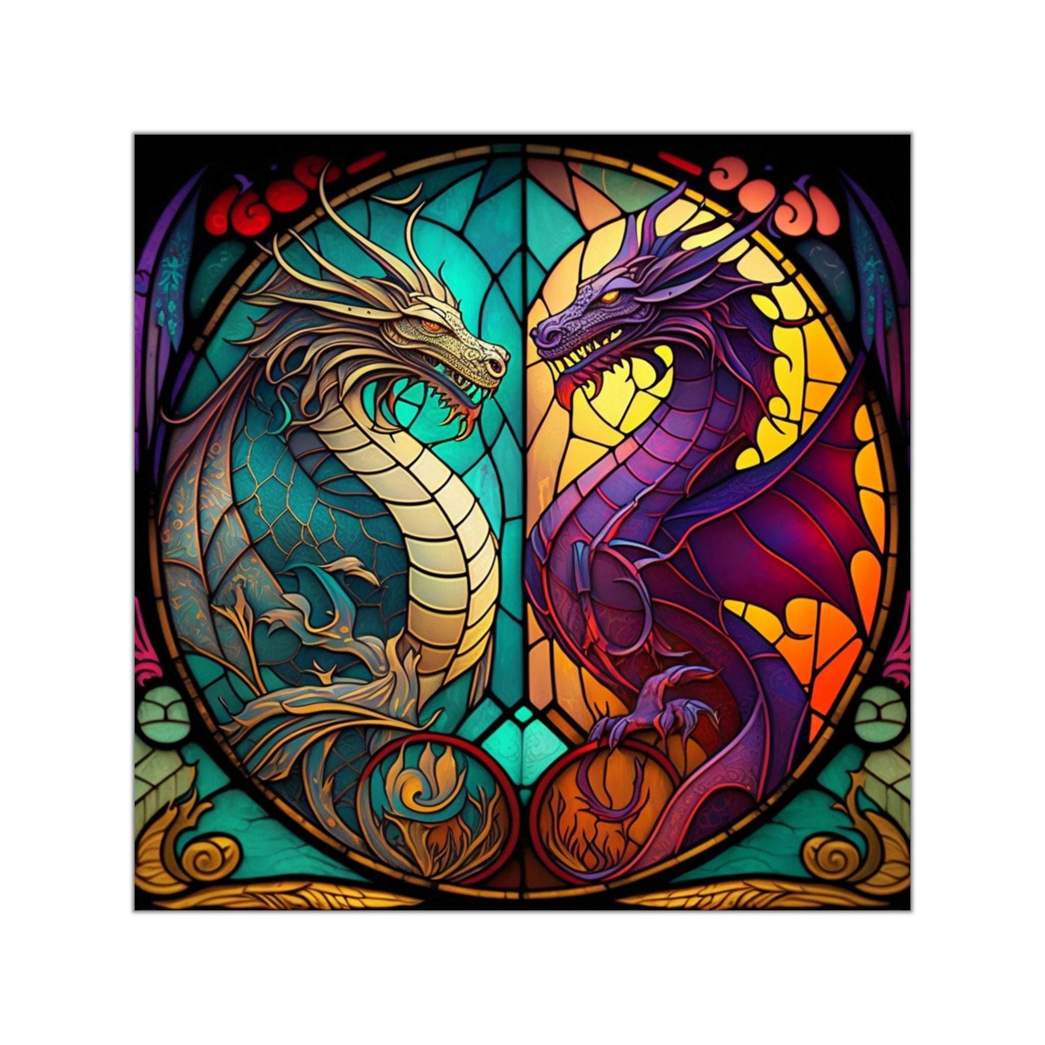 Elegant Stained Glass Dragons Sticker - Available in 5 Sizes