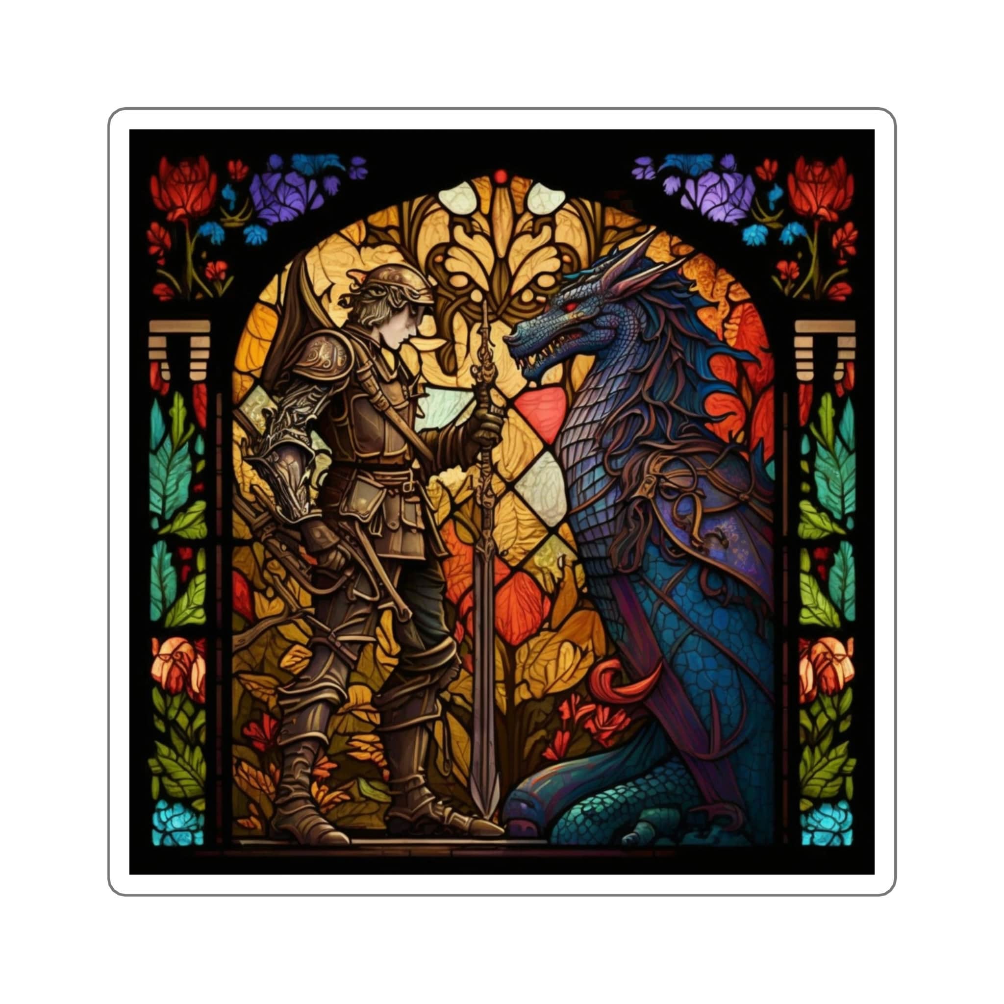 Add a Touch of Adventure with Our Stained Glass Dragon and Knight Sticker