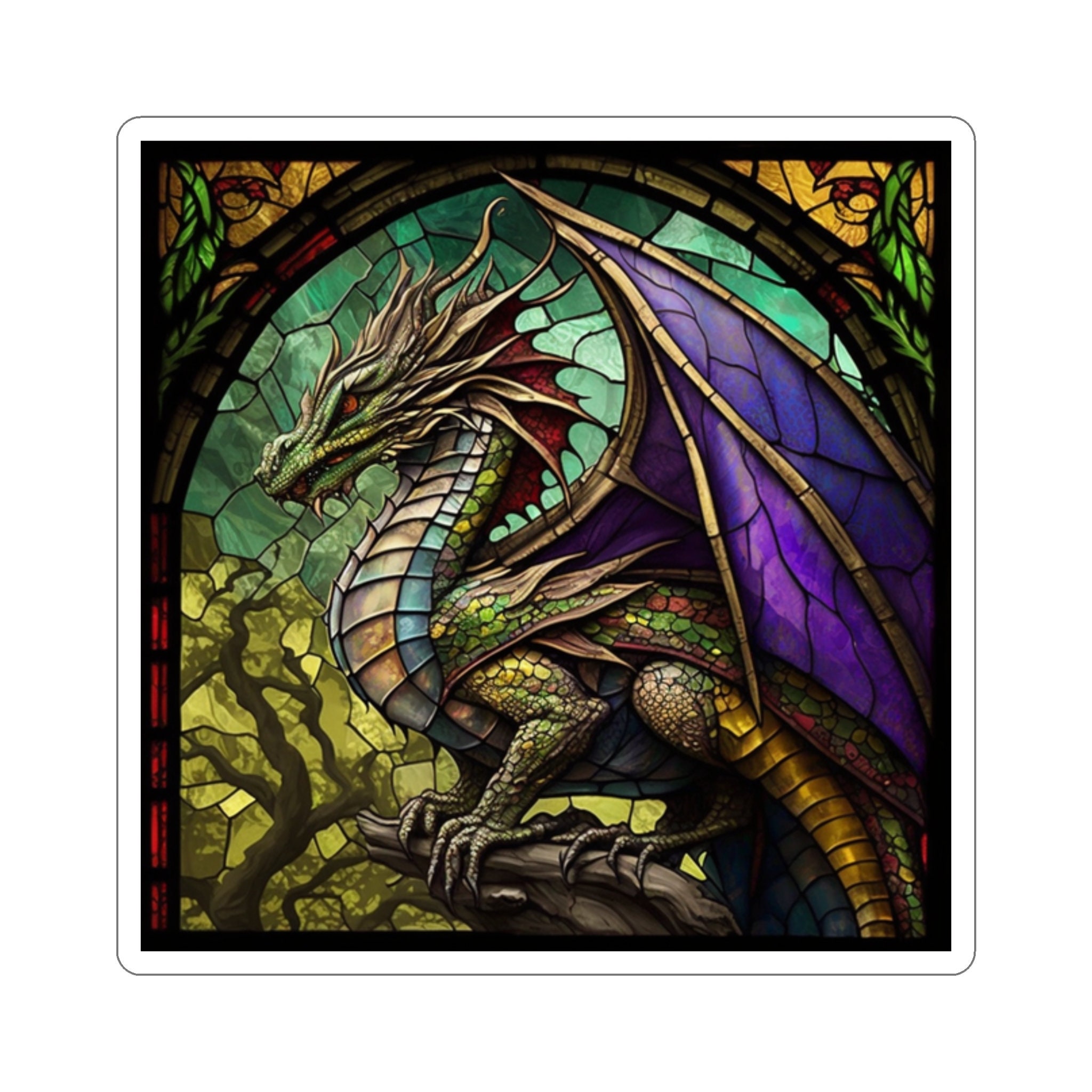 Enchanted Stained Glass Dragon Sticker - Unleash the Power and Let Dragons Rule Your Realm! Magnificent Art for Every Surface - 5 Sizes