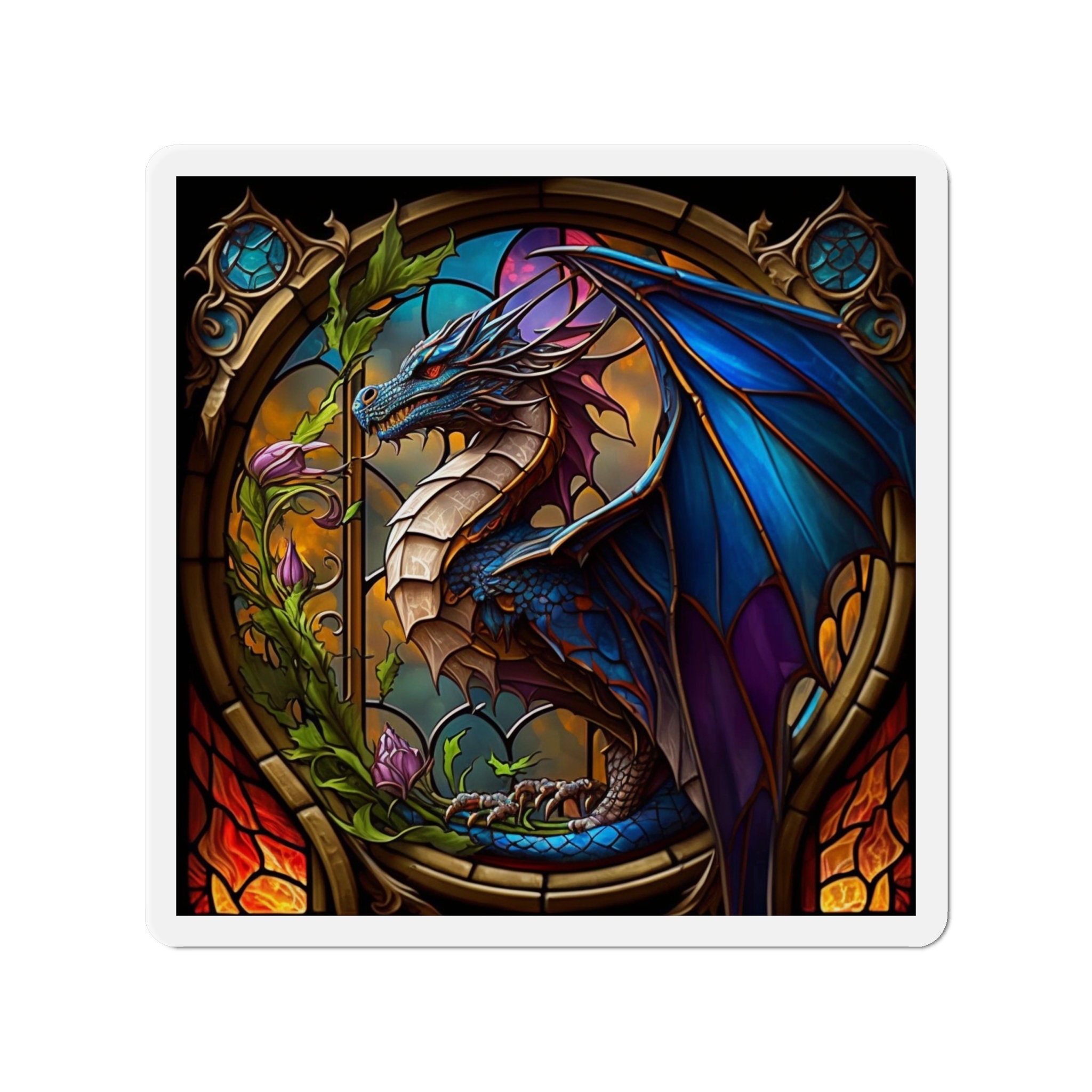 Stained Glass Dragon Magnet - Embrace the Radiant Beauty of Dragons! Magnificent Artwork for Magnetic Surfaces - 5 Sizes