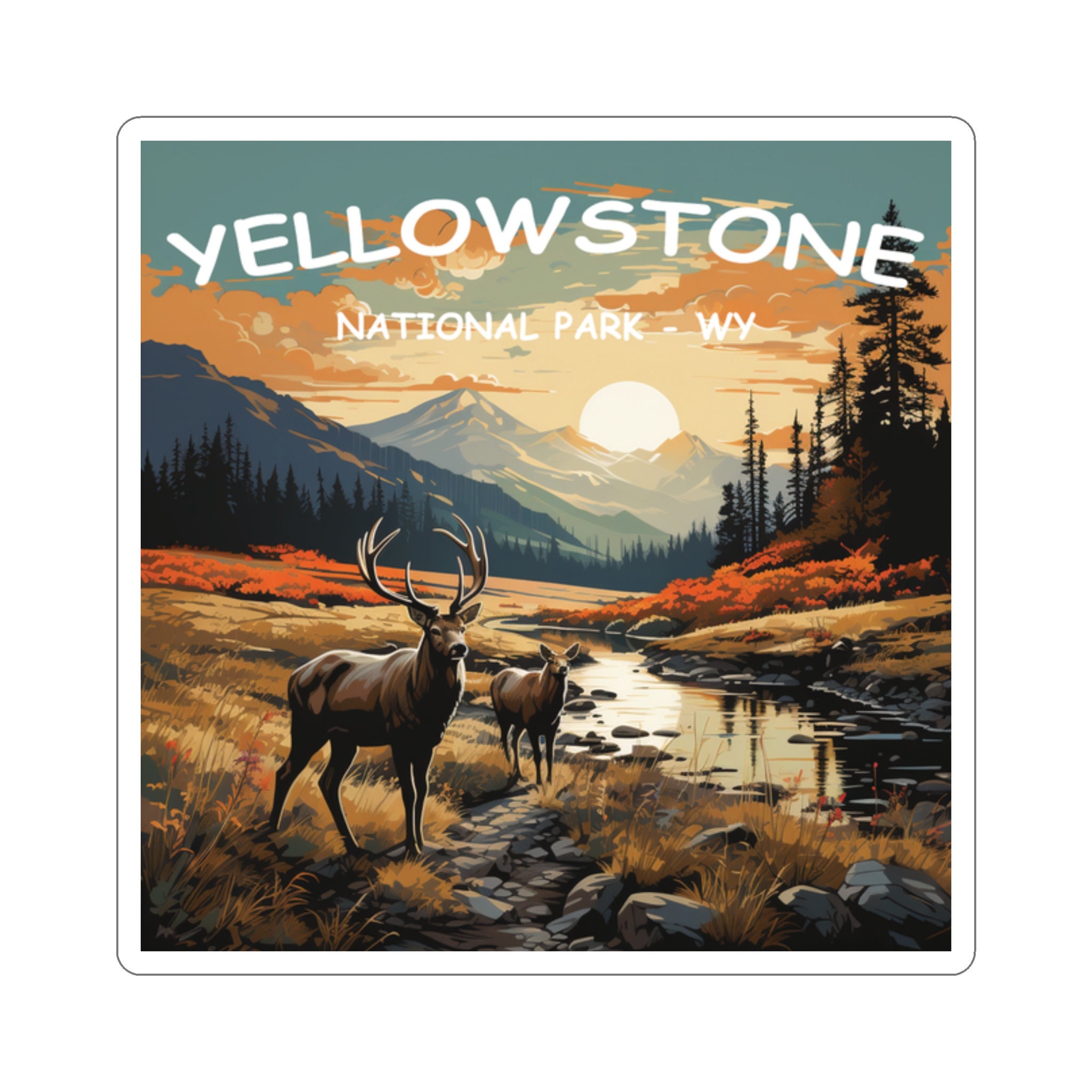 Yellowstone National Park Adventure Sticker - Durable Vinyl, Hand-Drawn Design - 2 to 6 Inches